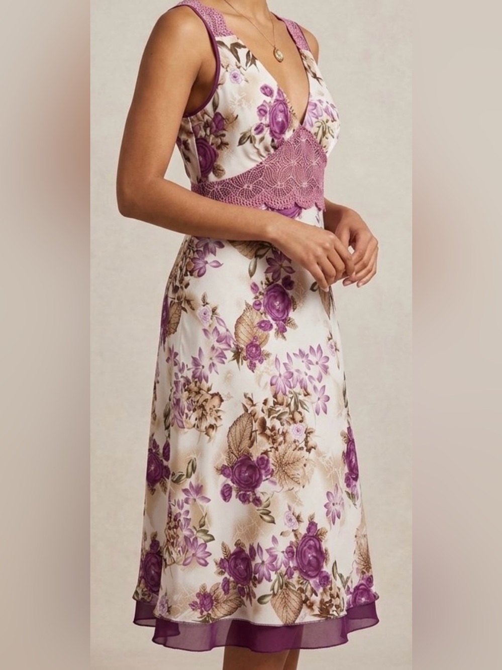 Private Lives Vintage Y2K Floral Slip Dress Womens L Purple Sheer Ruffle Hem Mid
